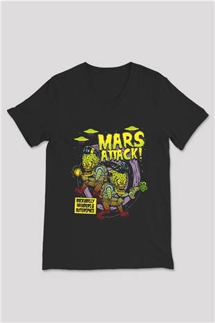 Mars Attacks Siyah Unisex  V Yaka Tişört
