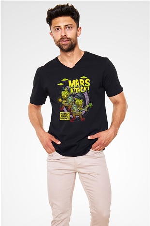 Mars Attacks Siyah Unisex  V Yaka Tişört