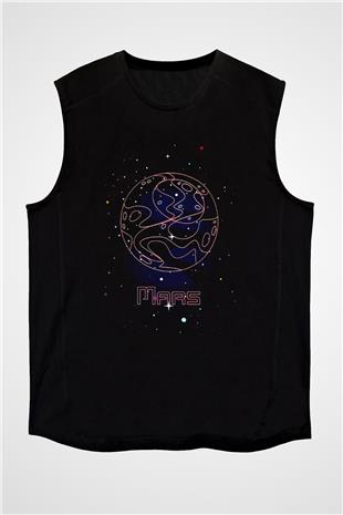 Mars Çizim Baskılı Unisex Kolsuz Siyah Tişört - Tshirt