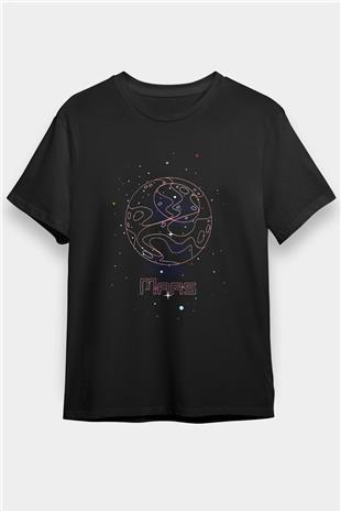 Mars Çizim Baskılı Unisex Siyah Tişört - Tshirt