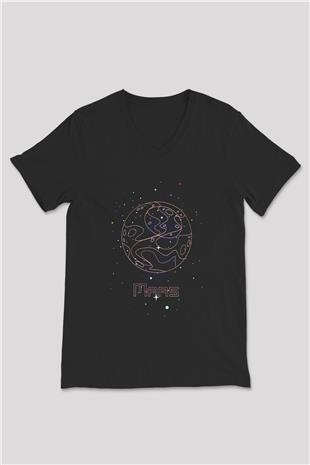 Mars Çizim Baskılı Unisex V Yaka Siyah Tİşört - Tshirt