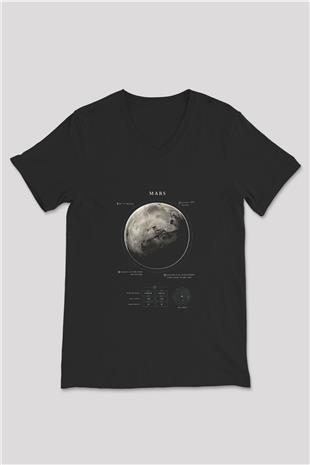 Mars Fiziksel Özellikleri Baskılı Unisex V Yaka Siyah Tİşört - Tshirt