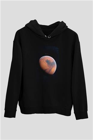 Mars Fotoğraf Baskılı Unisex Siyah Kapüşonlu Sweatshirt