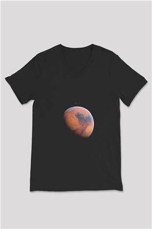 Mars Fotoğraf Baskılı Unisex V Yaka Siyah Tİşört - Tshirt