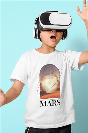 Mars Gezegeni Baskılı Unisex Beyaz Çocuk Tişörtü - Tshirt