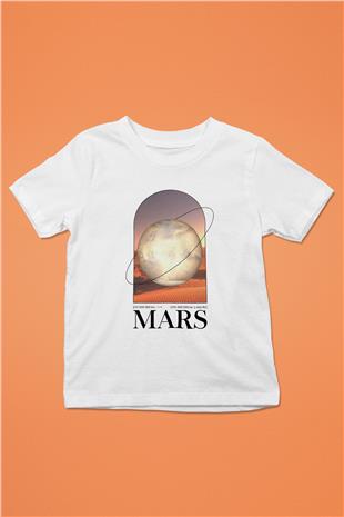Mars Gezegeni Baskılı Unisex Beyaz Çocuk Tişörtü - Tshirt