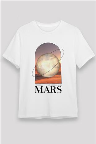 Mars Gezegeni Baskılı Unisex Beyaz Tişört - Tshirt