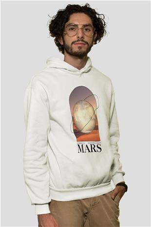 Mars Gezegeni Baskılı Unisex Ekru Hoodie