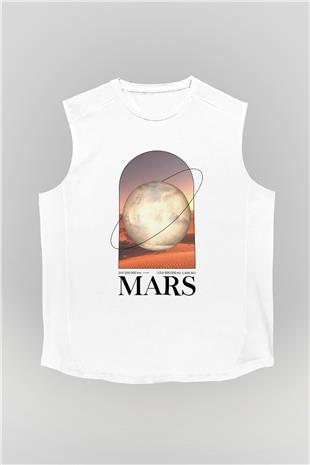 Mars Gezegeni Baskılı Unisex Kolsuz Beyaz Tişört - Tshirt