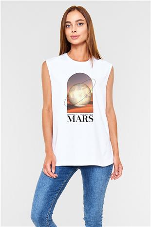 Mars Gezegeni Baskılı Unisex Kolsuz Beyaz Tişört - Tshirt