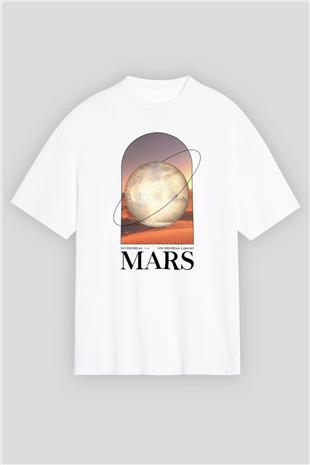 Mars Gezegeni Baskılı Unisex Oversize Beyaz Tişört - Tshirt