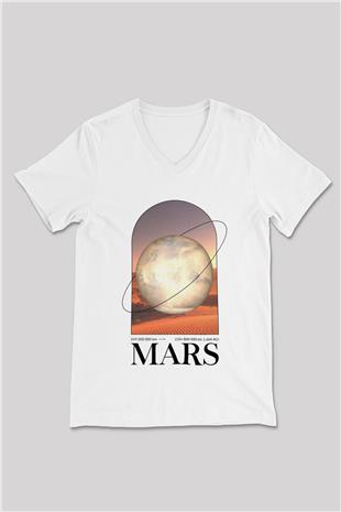 Mars Gezegeni Baskılı Unisex V Yaka Beyaz Tişört - Tshirt