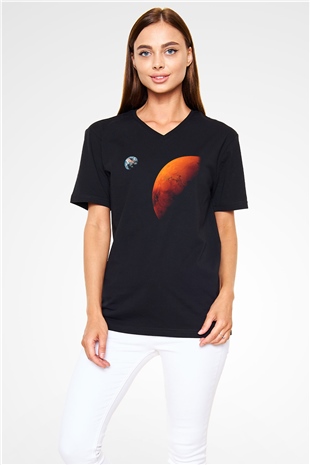 Mars Siyah Unisex V Yaka Tişört T-Shirt