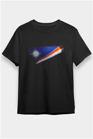 Marshall Adaları - Marshall İslands Bayrağı Baskılı Unisex Siyah Tişört