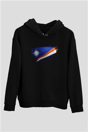 Marshall Adaları - Marshall İslands Bayrağı Baskılı Unisex Siyah Kapüşonlu Sweatshirt
