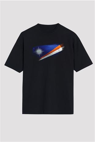 Marshall Adaları - Marshall İslands Bayrağı Baskılı Unisex Siyah Oversize Tişört