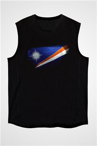 Marshall Adaları - Marshall İslands Bayrağı Baskılı Unisex Siyah Kolsuz Tişört