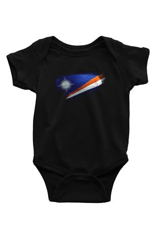 Marshall Adaları - Marshall İslands Bayrağı Baskılı Unisex Siyah Bebek Body - Zıbın