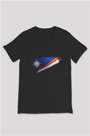 Marshall Adaları - Marshall İslands Bayrağı Baskılı Unisex Siyah V Yaka Tişört