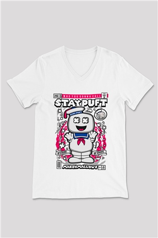 Marshmallow Baskılı Unisex Beyaz V Yaka Tişört
