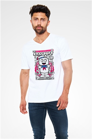 Marshmallow Baskılı Unisex Beyaz V Yaka Tişört