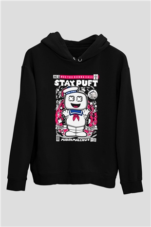 Marshmallow Baskılı Unisex Siyah Hoodie