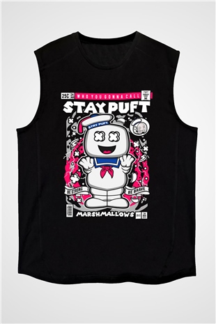 Marshmallow Baskılı Unisex Siyah Kolsuz Tişört