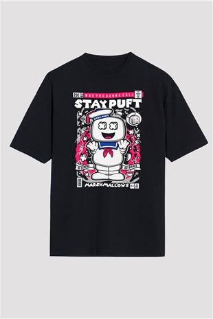 Marshmallow Baskılı Unisex Siyah Oversize Tişört