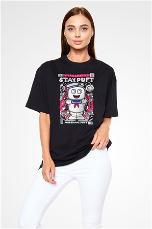 Marshmallow Baskılı Unisex Siyah Oversize Tişört