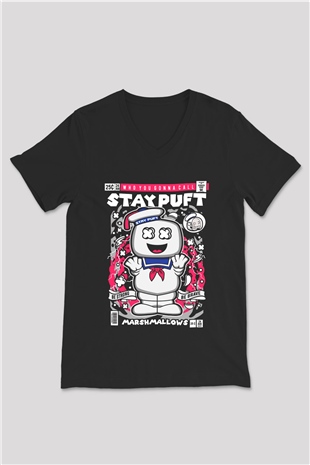 Marshmallow Baskılı Unisex Siyah V Yaka Tişört