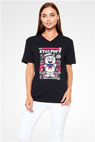 Marshmallow Baskılı Unisex Siyah V Yaka Tişört