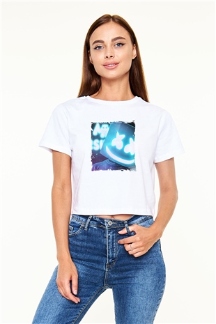 Marshmello Baskılı Beyaz Kadın Crop Top Tişört