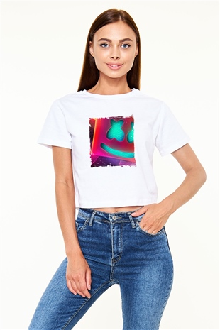 Marshmello Baskılı Beyaz Kadın Crop Top Tişört