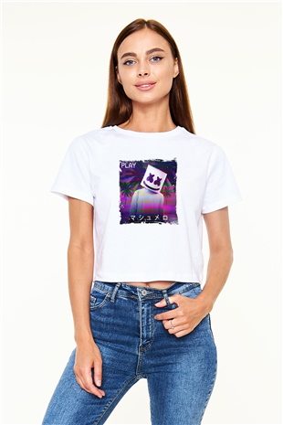 Marshmello Baskılı Beyaz Kadın Crop Top Tişört