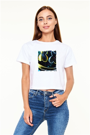 Marshmello Baskılı Beyaz Kadın Crop Top Tişört