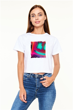 Marshmello Baskılı Beyaz Kadın Crop Top Tişört