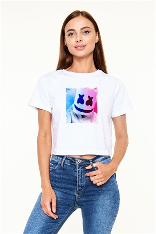 Marshmello Baskılı Beyaz Kadın Crop Top Tişört