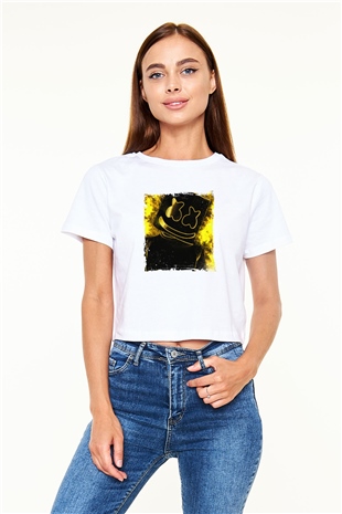 Marshmello Baskılı Beyaz Kadın Crop Top Tişört