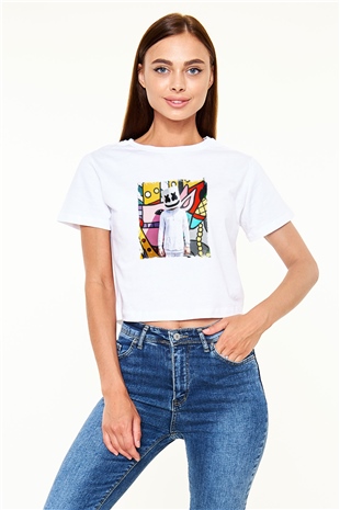 Marshmello Baskılı Beyaz Kadın Crop Top Tişört
