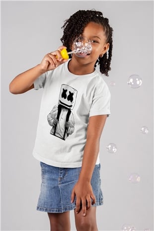Marshmello Baskılı Beyaz Unisex Çocuk Tişört