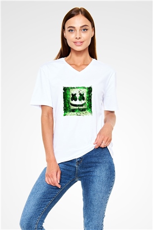 Marshmello Baskılı Beyaz V Yaka Unisex Tişört