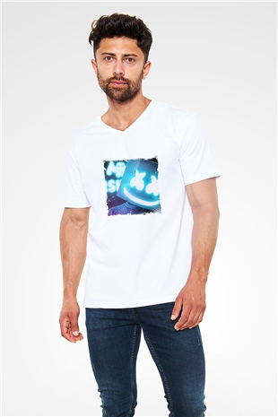 Marshmello Baskılı Beyaz V Yaka Unisex Tişört