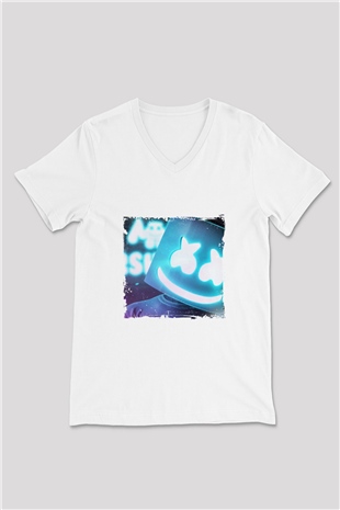 Marshmello Baskılı Beyaz V Yaka Unisex Tişört