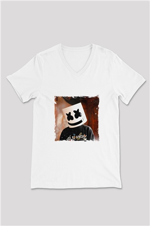 Marshmello Baskılı Beyaz V Yaka Unisex Tişört