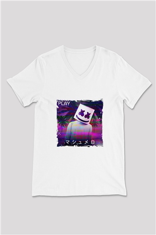 Marshmello Baskılı Beyaz V Yaka Unisex Tişört