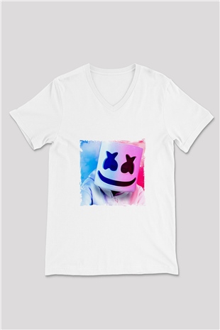 Marshmello Baskılı Beyaz V Yaka Unisex Tişört