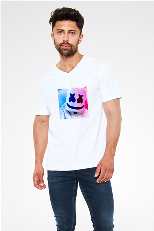 Marshmello Baskılı Beyaz V Yaka Unisex Tişört