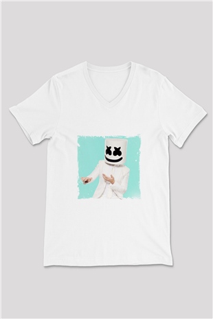 Marshmello Baskılı Beyaz V Yaka Unisex Tişört