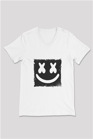 Marshmello Baskılı Beyaz V Yaka Unisex Tişört