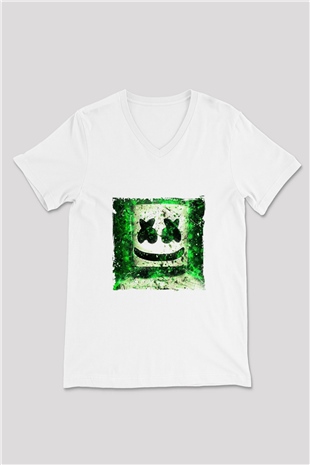 Marshmello Baskılı Beyaz V Yaka Unisex Tişört
